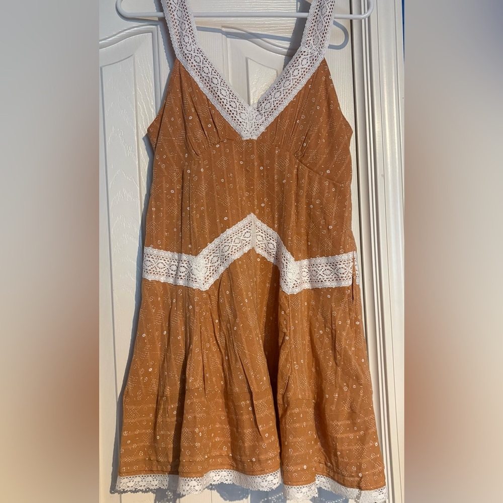 American Eagle Outfitters Rust Brown Mini Dress with White Lace Trim